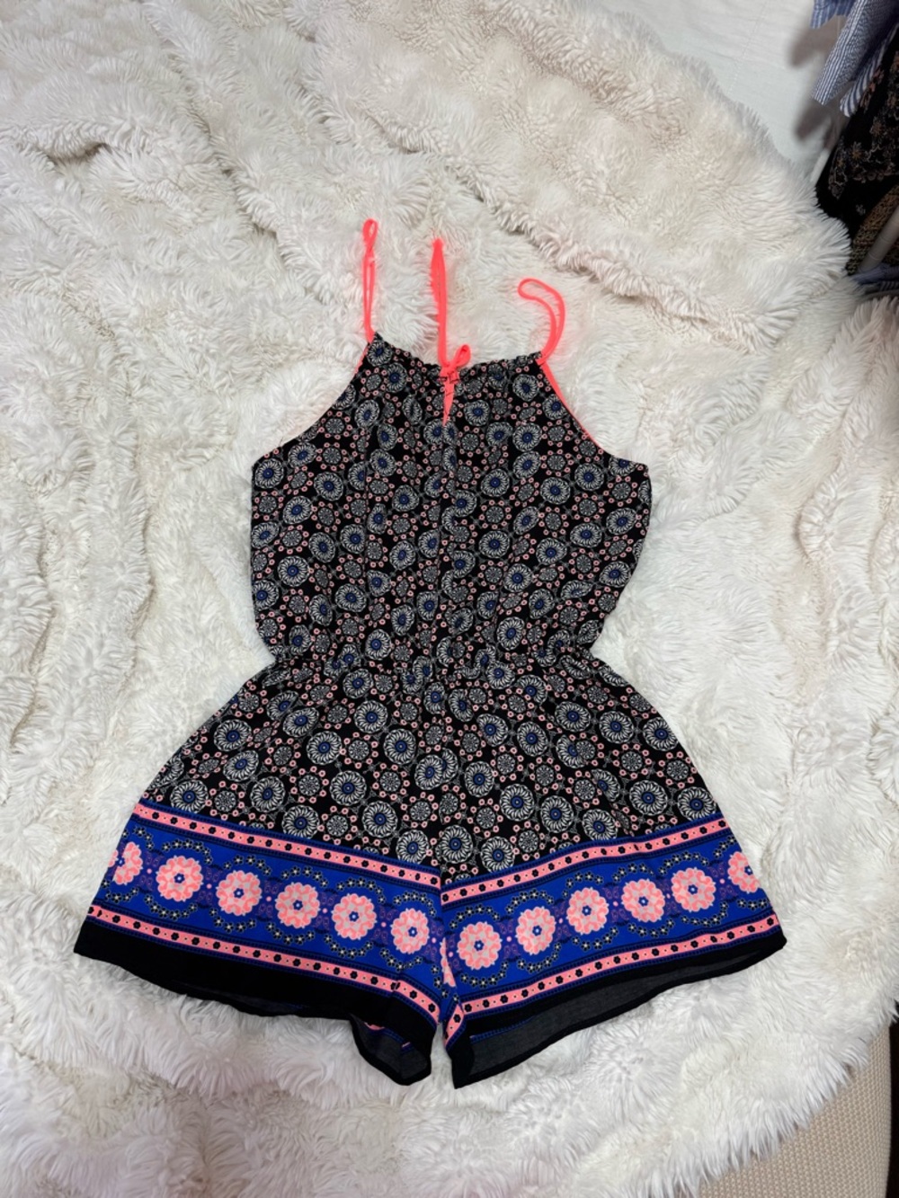 Floral Print Romper with Neon Pink Straps